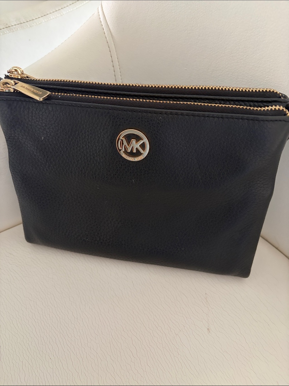 Michael Kors Black Leather Double-Zip Wristlet with Gold MK Hardware